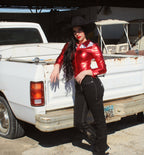 High Stakes Ruby Red Metallic Pearl Snap Rodeo Shirt