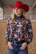 Neon Spur Red Ace Cowgirl Satin Button-Up Rodeo Shirt