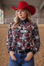 Neon Spur Red Ace Cowgirl Satin Button-Up Rodeo Shirt