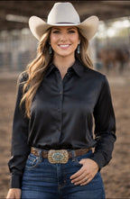 Midnight Glam Bow Button Up Rodeo Shirt -Matte Satin Blouse *Sample Sale*