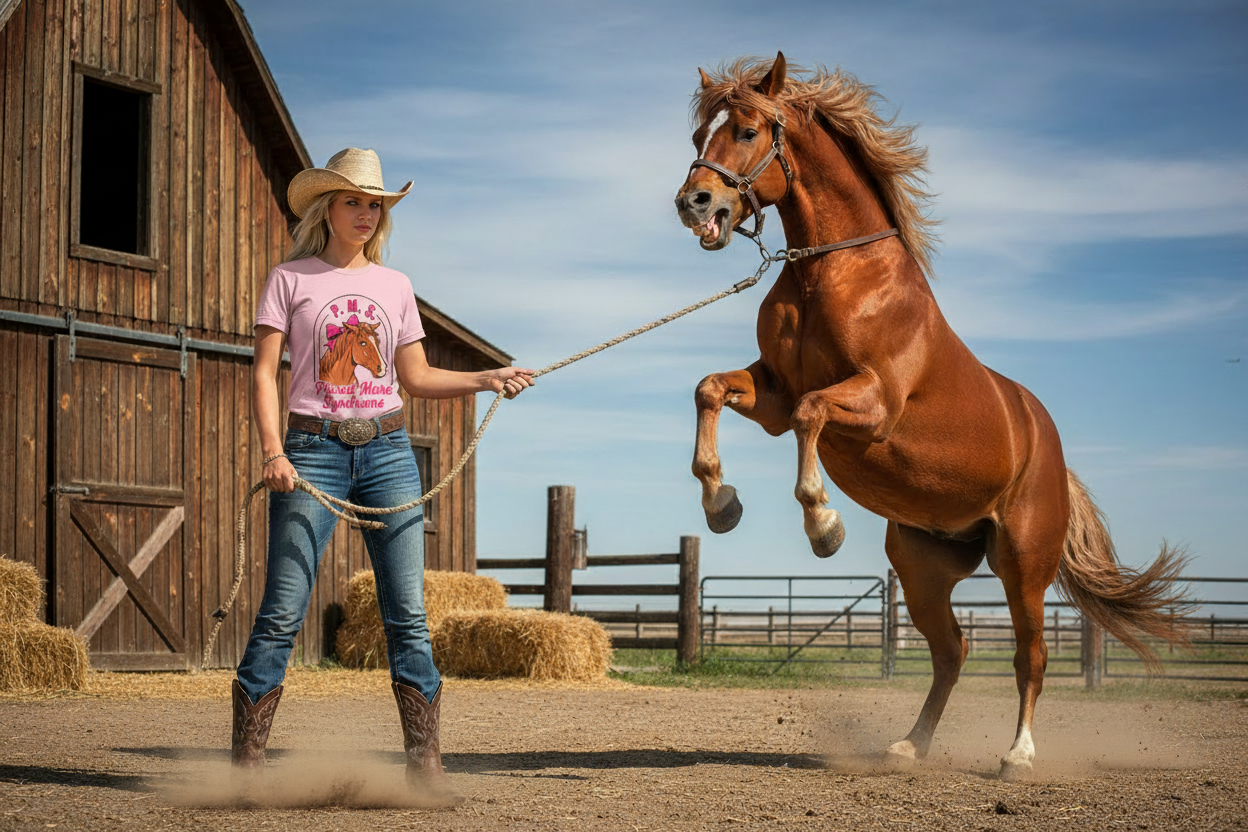 Cowgirl victim energy in PMS shirt with rearing mare
